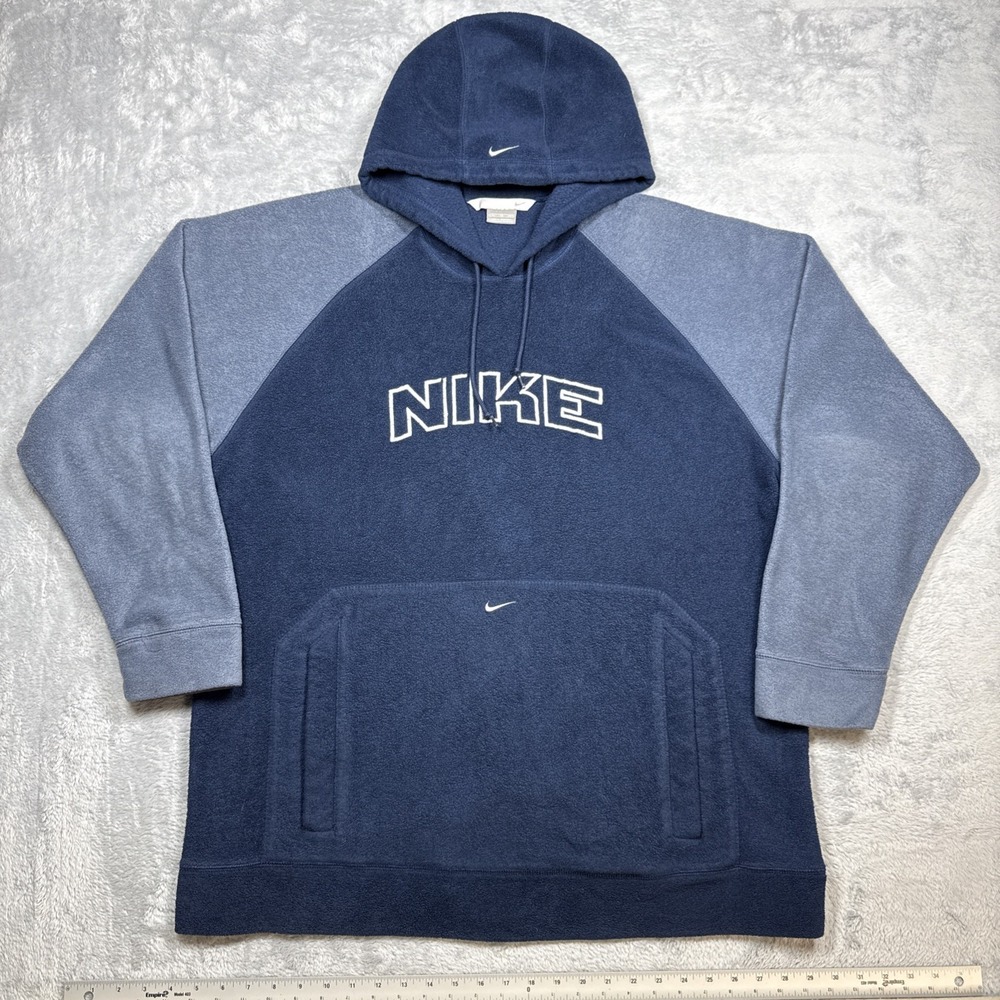 Nike Spellout Center Swoosh Hoodie Men XL Blue Fleece Oversized Distressed Y2K